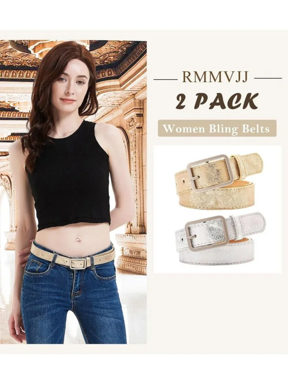 Shiny Bling Belts for Women - Gold & Silver Leather, Perfect for Parties & Jeans